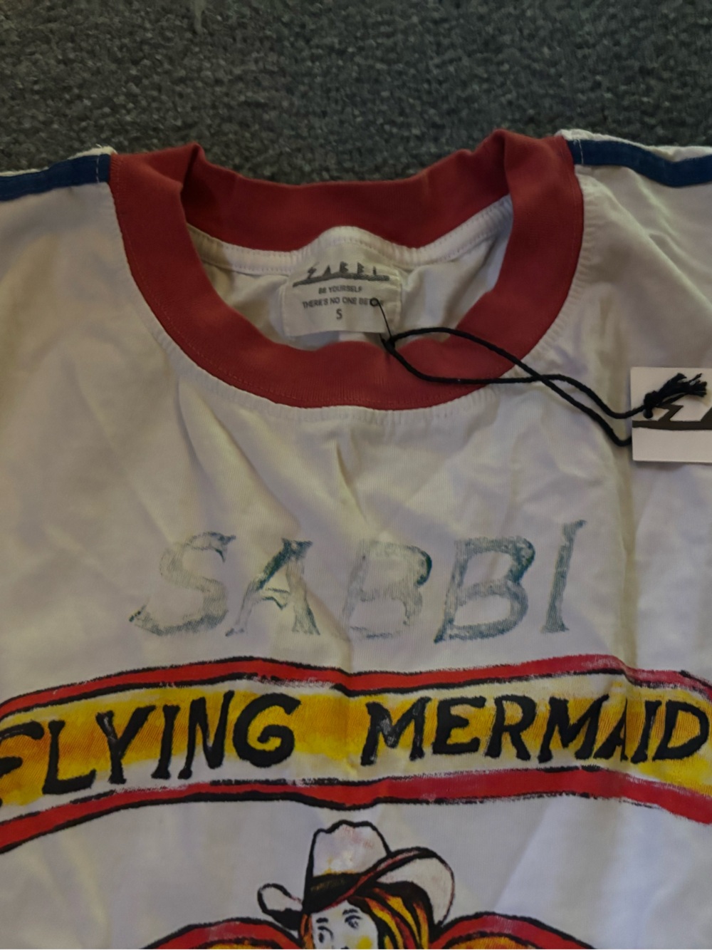 Flying Mermaid Graphic Ringer Tee - White with Red & Blue Accents-SABBI - Picture 3 of 5